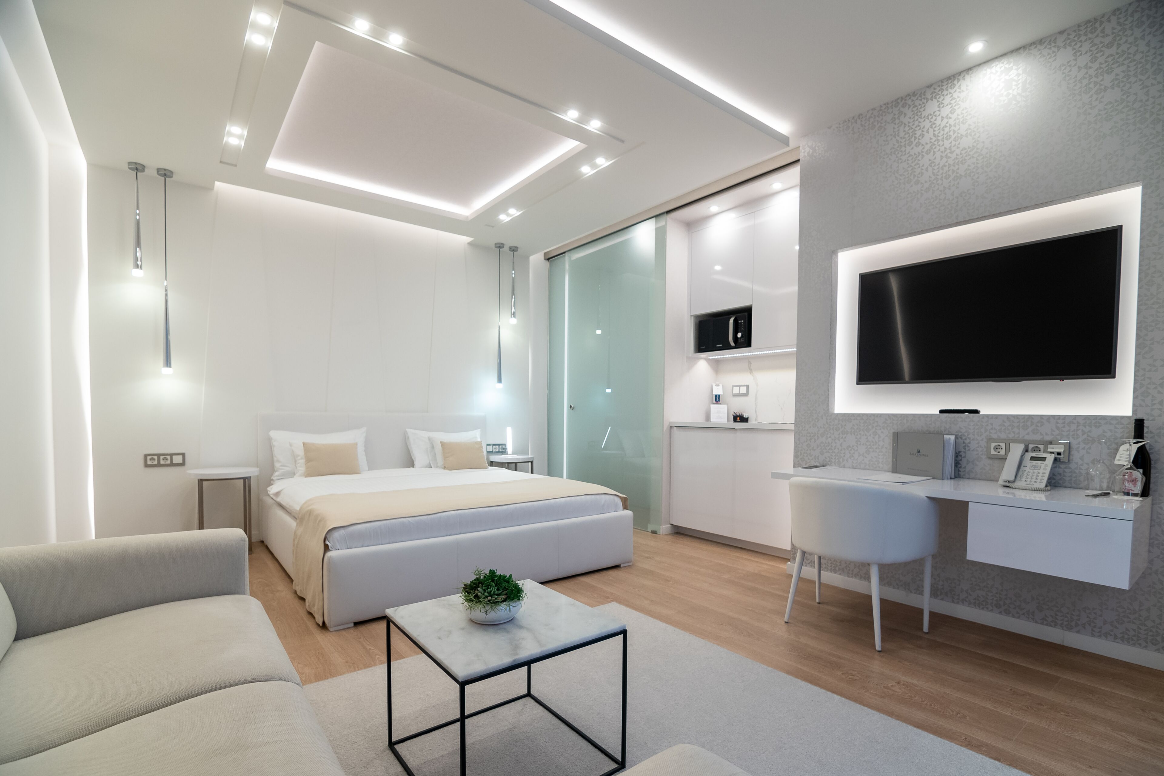 A modern hotel room with a bed, a desk, a TV, and a small plant.