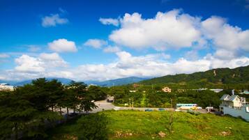 A scenic view of a town with a road leading to a hilltop building, surrounded by greenery and mountains in the background.