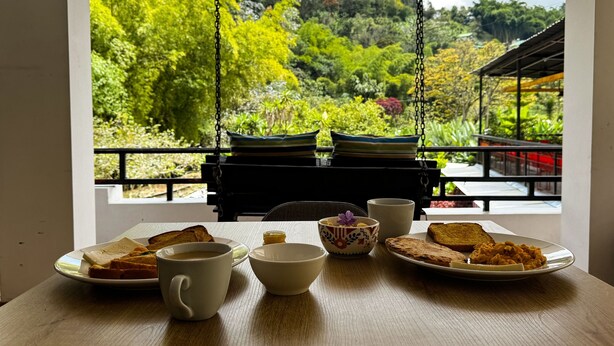 A dining table with breakfast items and a view of a lush garden through a window. - Hotel Tierra Maravilla (Salento)