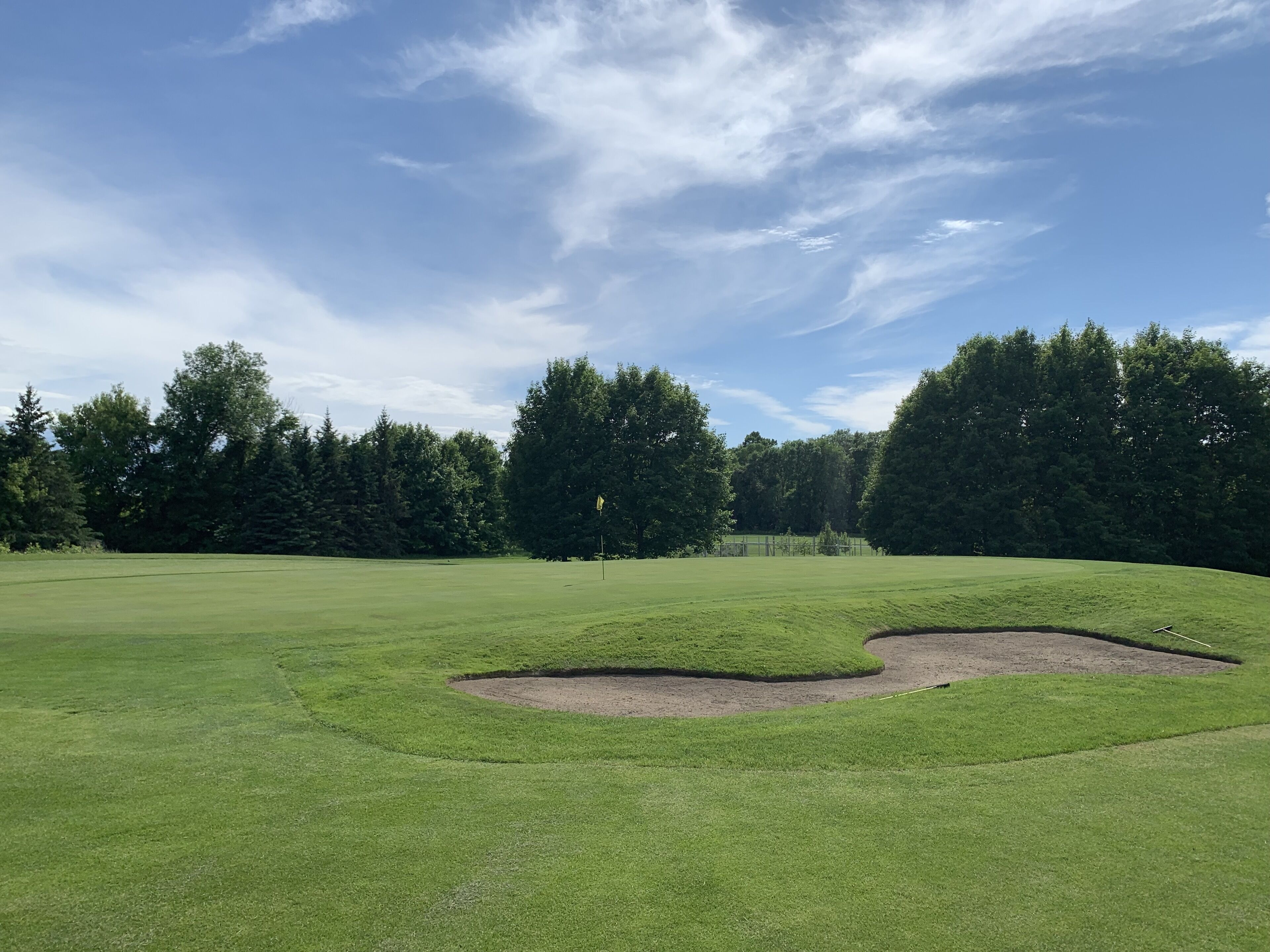 Un parcours de golf avec un gazon bien entretenu, des bunkers de sable et une rangée d’arbres en arrière-plan.