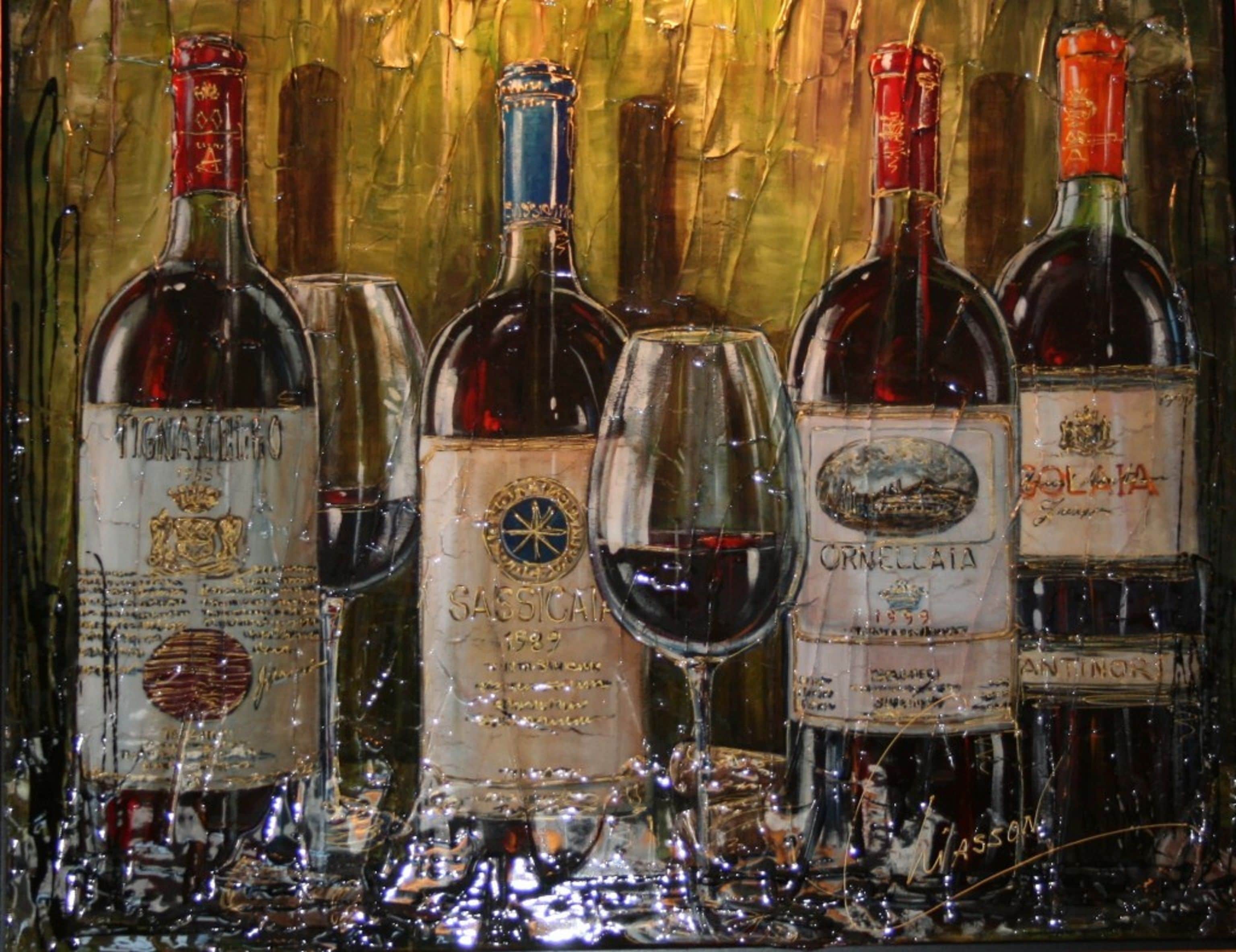 A collection of wine bottles and glasses on a reflective surface.