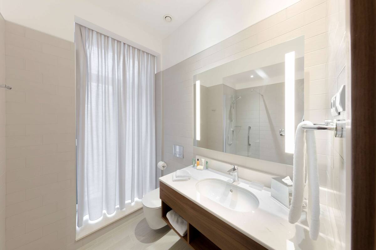 designer toiletries, hair dryer, towels