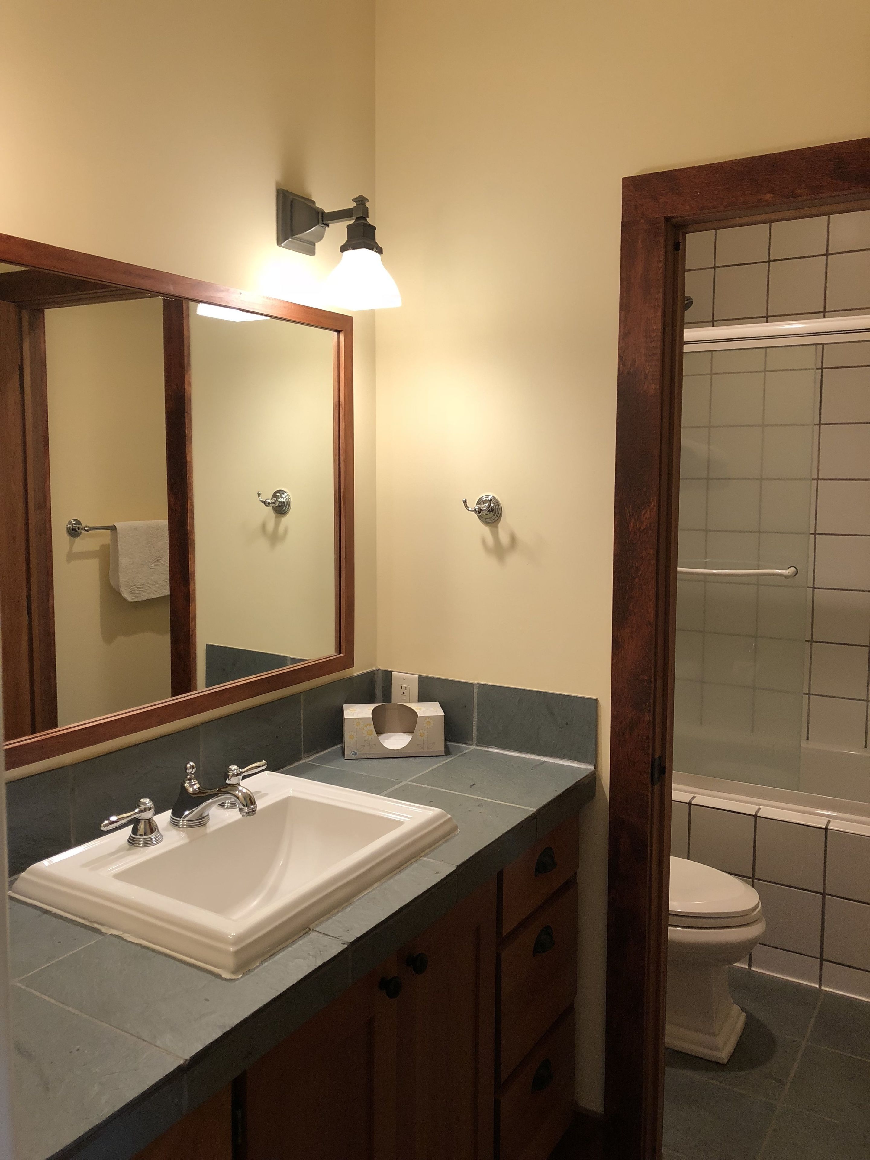A bathroom with a sink, mirror, and toilet.