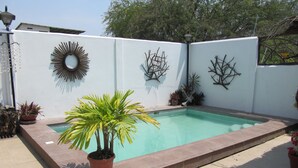 A rectangular swimming pool with a tiled border, surrounded by a white wall with decorative wall art and potted plants. - Casa Playas 1 (Playas)