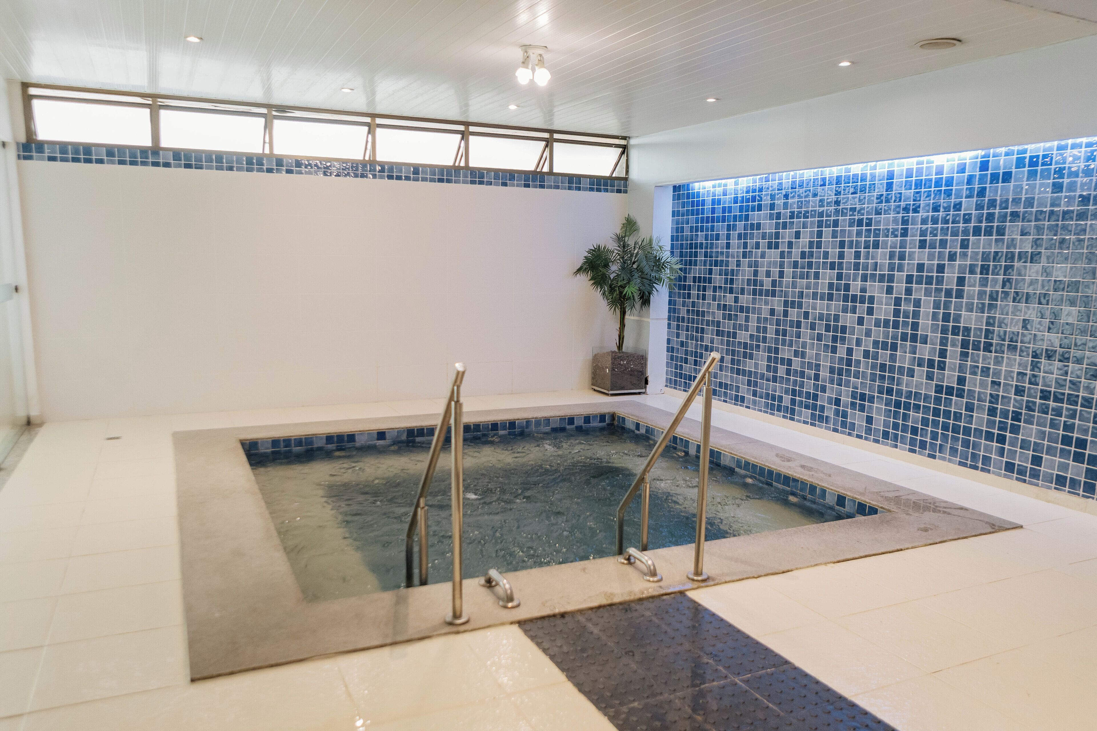 En stor indendørs swimmingpool med blå flisekant, en potteplante og metalgelændere.