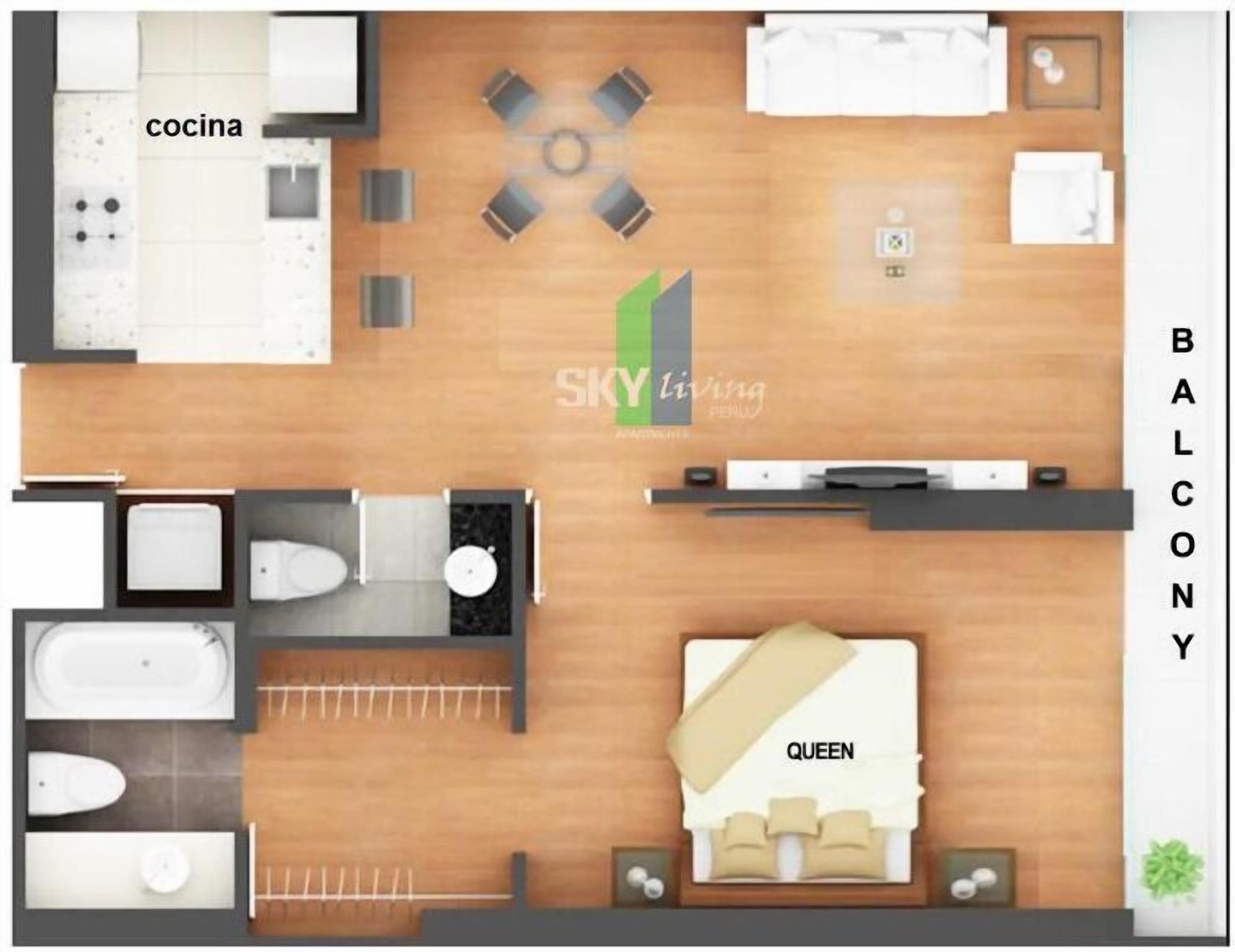 Distribución de una habitación de hotel con balcón, kitchenette y cama tamaño queen identificada como 'QUEEN'.