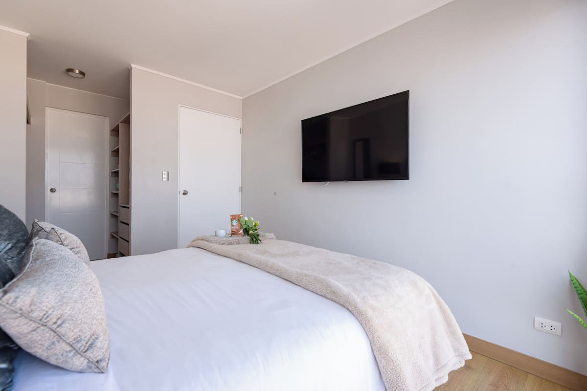 Quarto com cama, televisão na parede, guarda-roupa e uma planta.