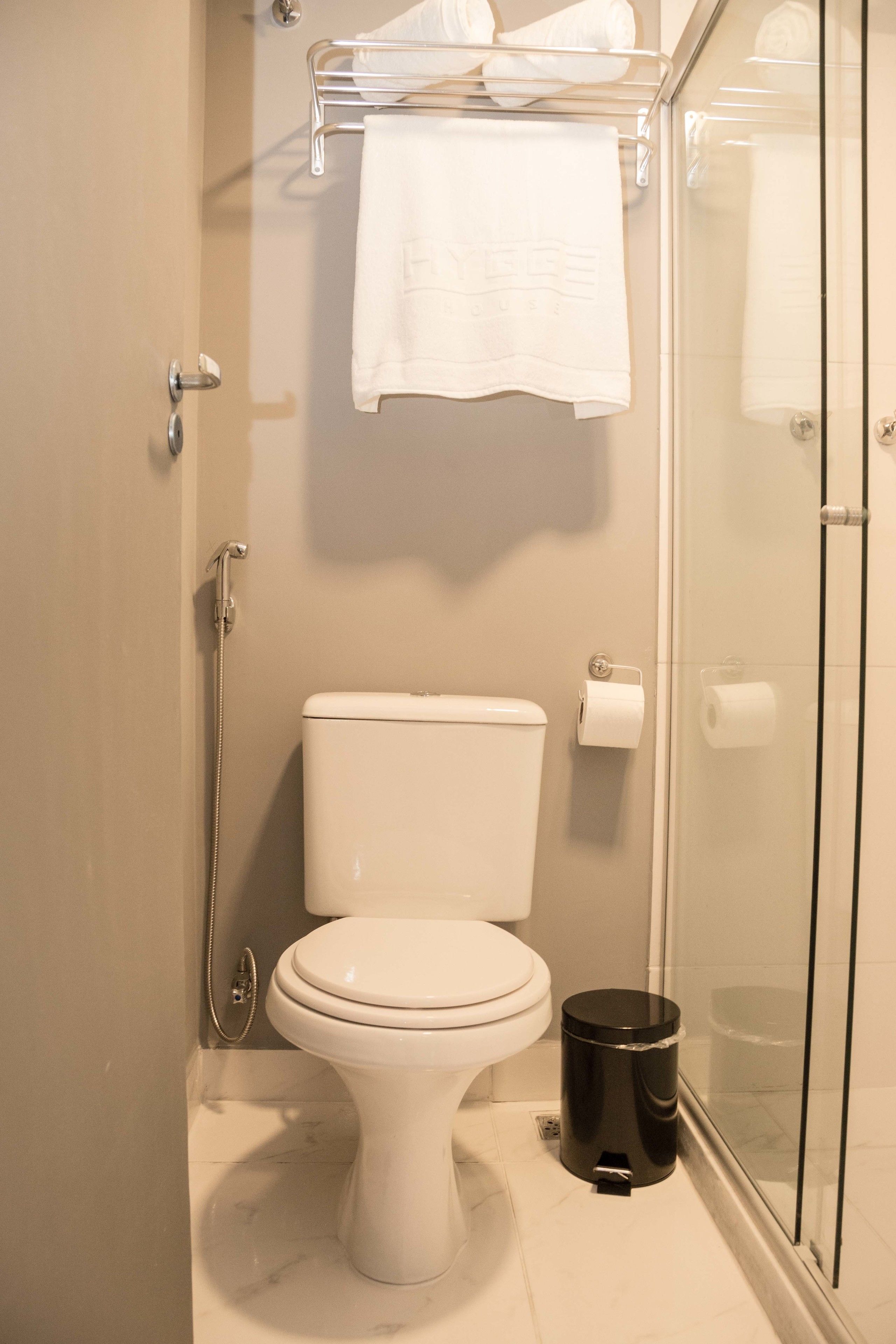 A bathroom with a toilet, a glass shower enclosure, and a towel rack with a towel.
