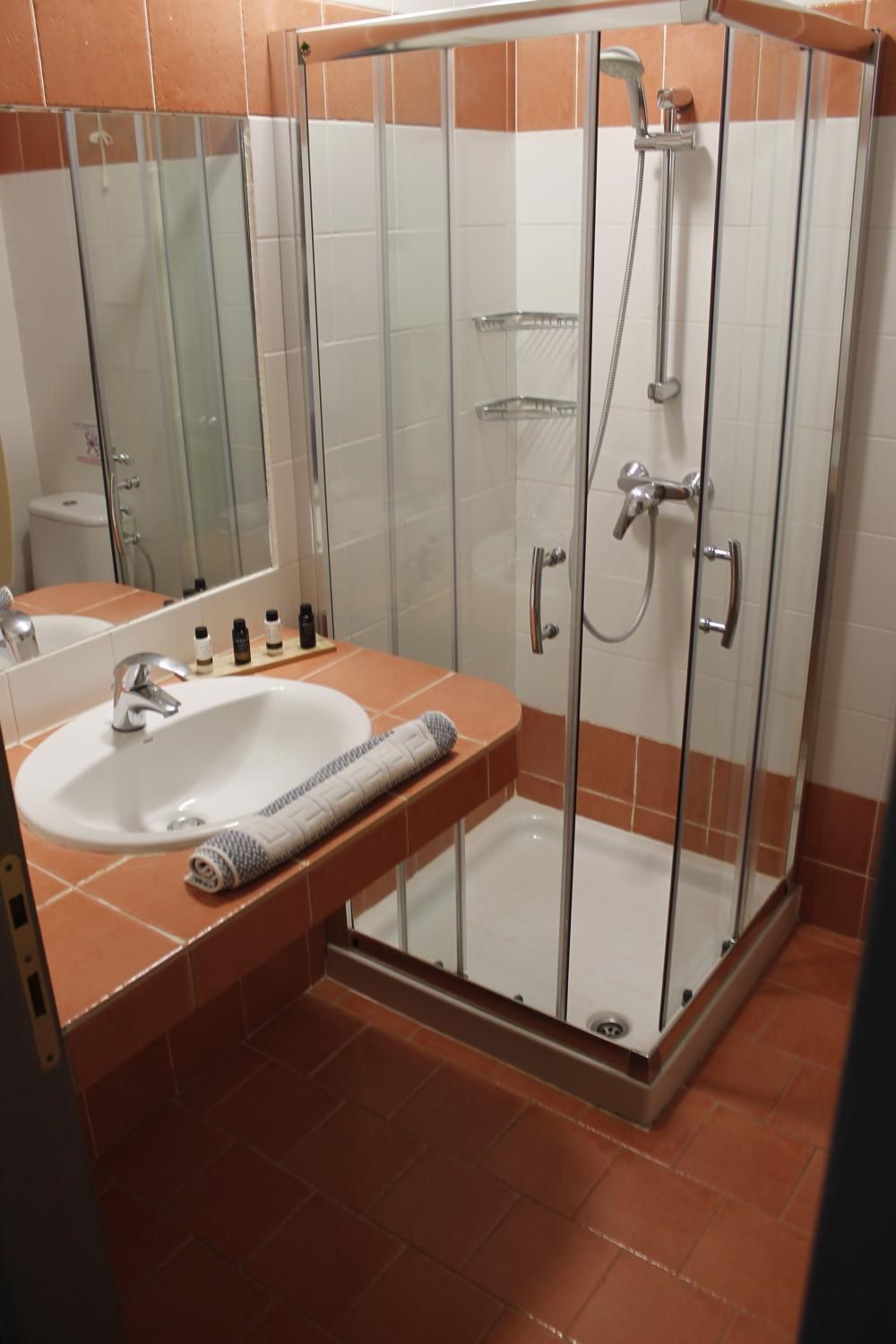 Een badkamer met een douchecabine, een wastafel en een handdoek.