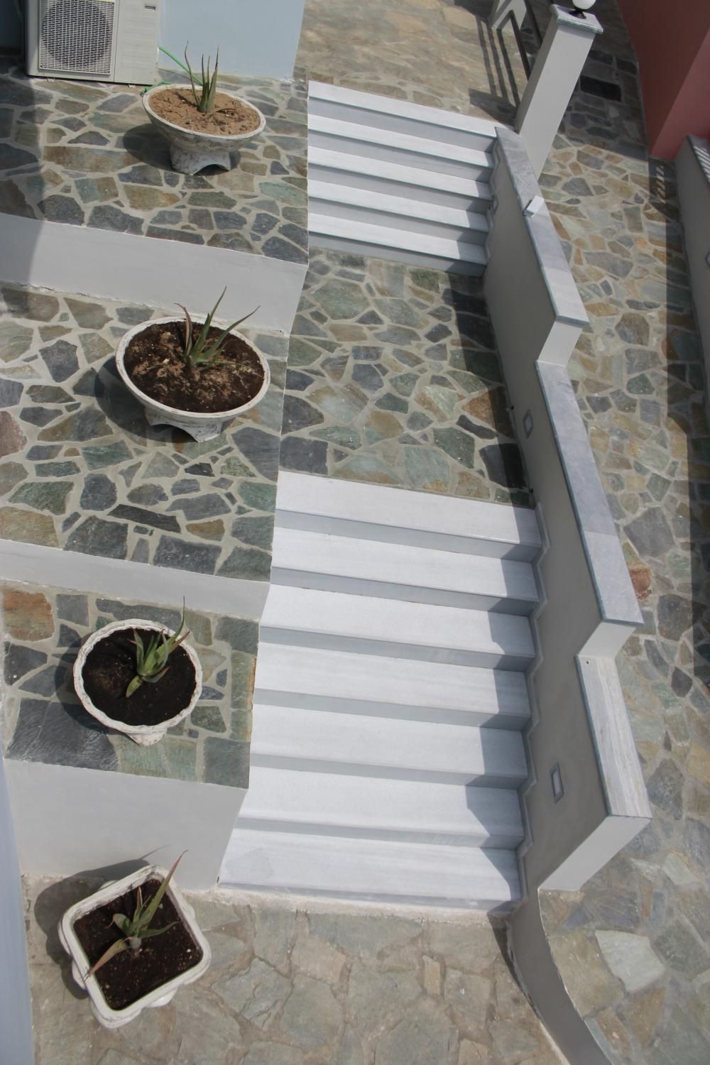 Una escalera con barandillas blancas y macetas con plantas en la base.
