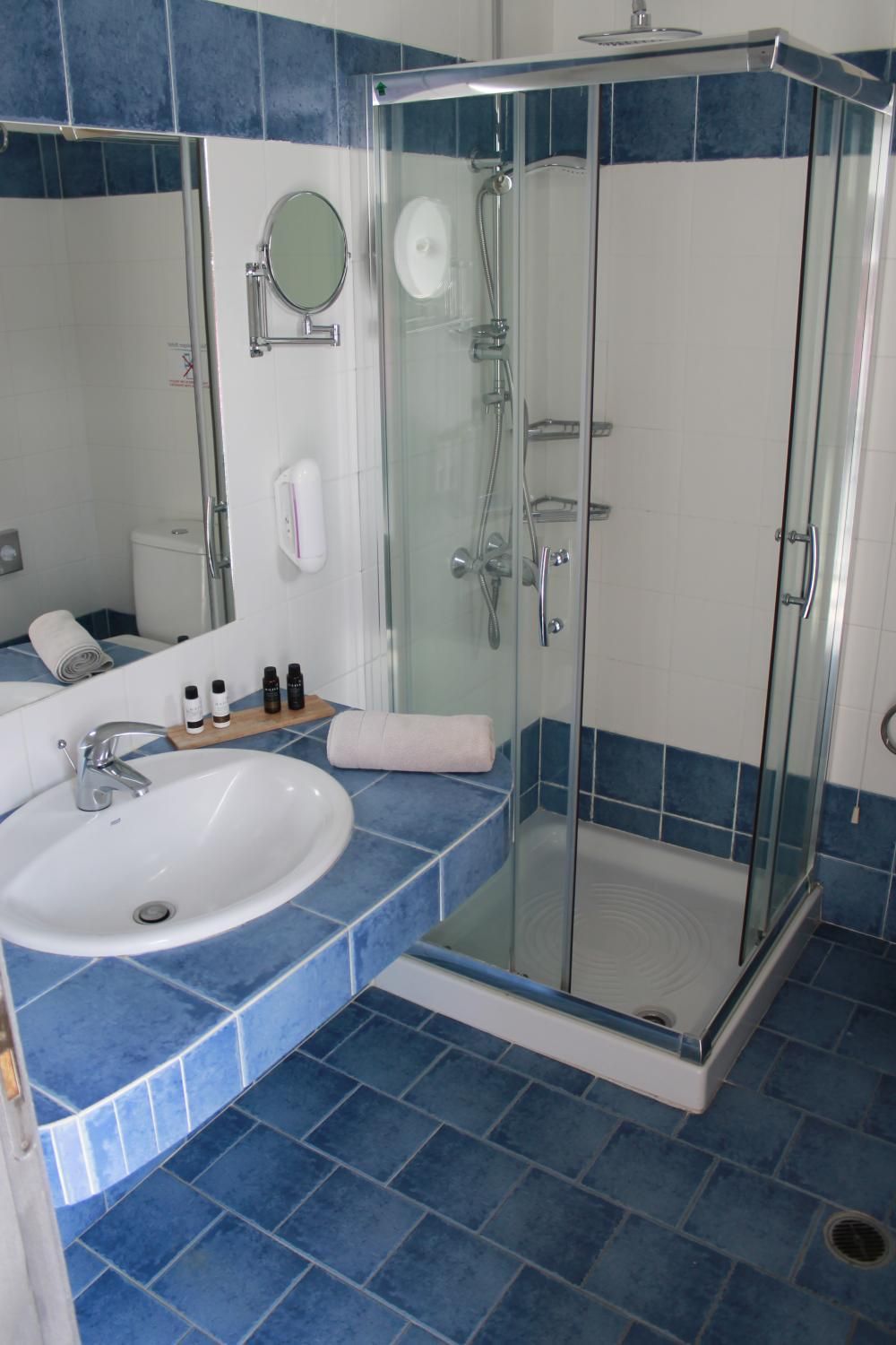 Un baño con ducha envuelta en vidrio, un lavamanos y un espejo.