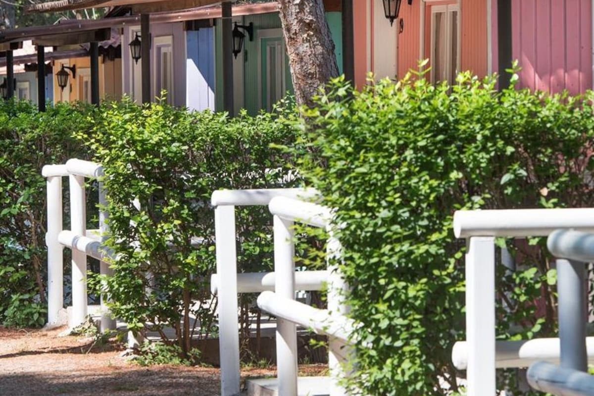 A row of colorful cabins with white railings in front, surrounded by trees.