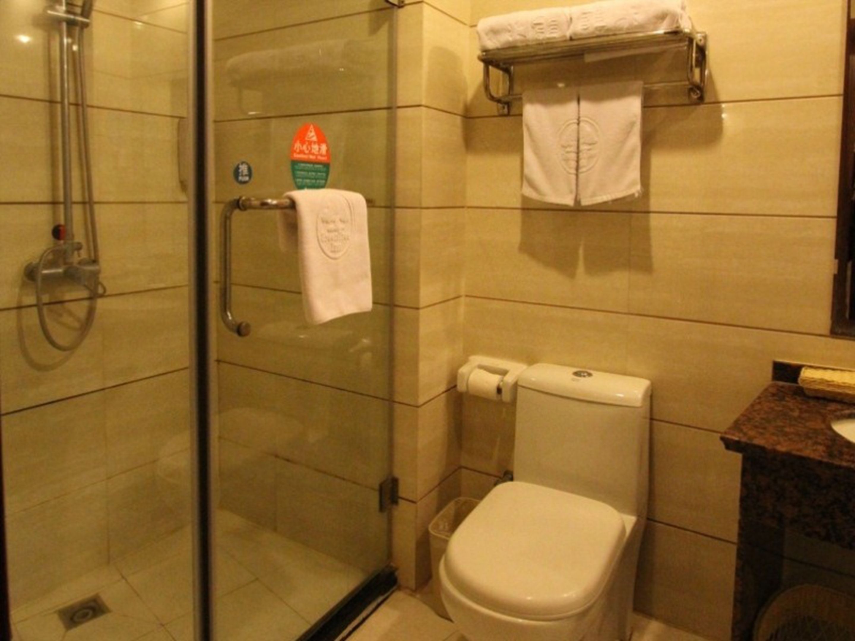 A bathroom with a glass shower enclosure, a toilet, and a sink with a marble countertop.