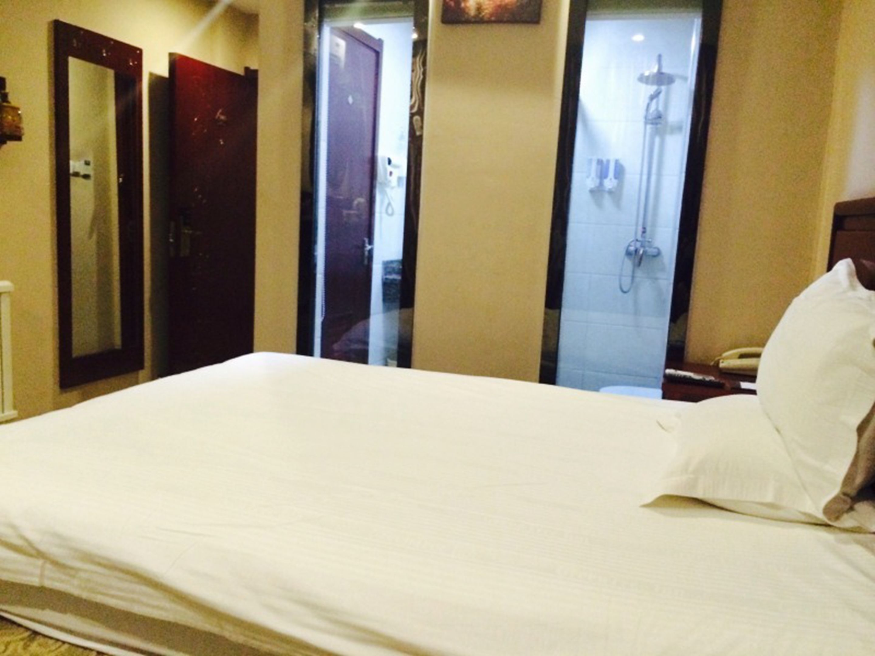 A hotel room with a large bed, a bedside table with a lamp, and a shower area visible through a glass door.