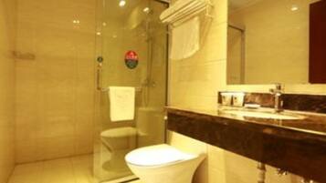 Shower, free toiletries, hair dryer, slippers