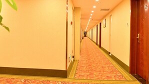 A hotel hallway with a carpeted floor, wooden doors, and a series of lights on the ceiling. - GreenTree Inn BaoDing Xiong county XiongZhou Road Express Hotel (Baoding)