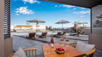 Luxury Double Room, Terrace, Sea View | Premium bedding, in-room safe, individually decorated, blackout drapes