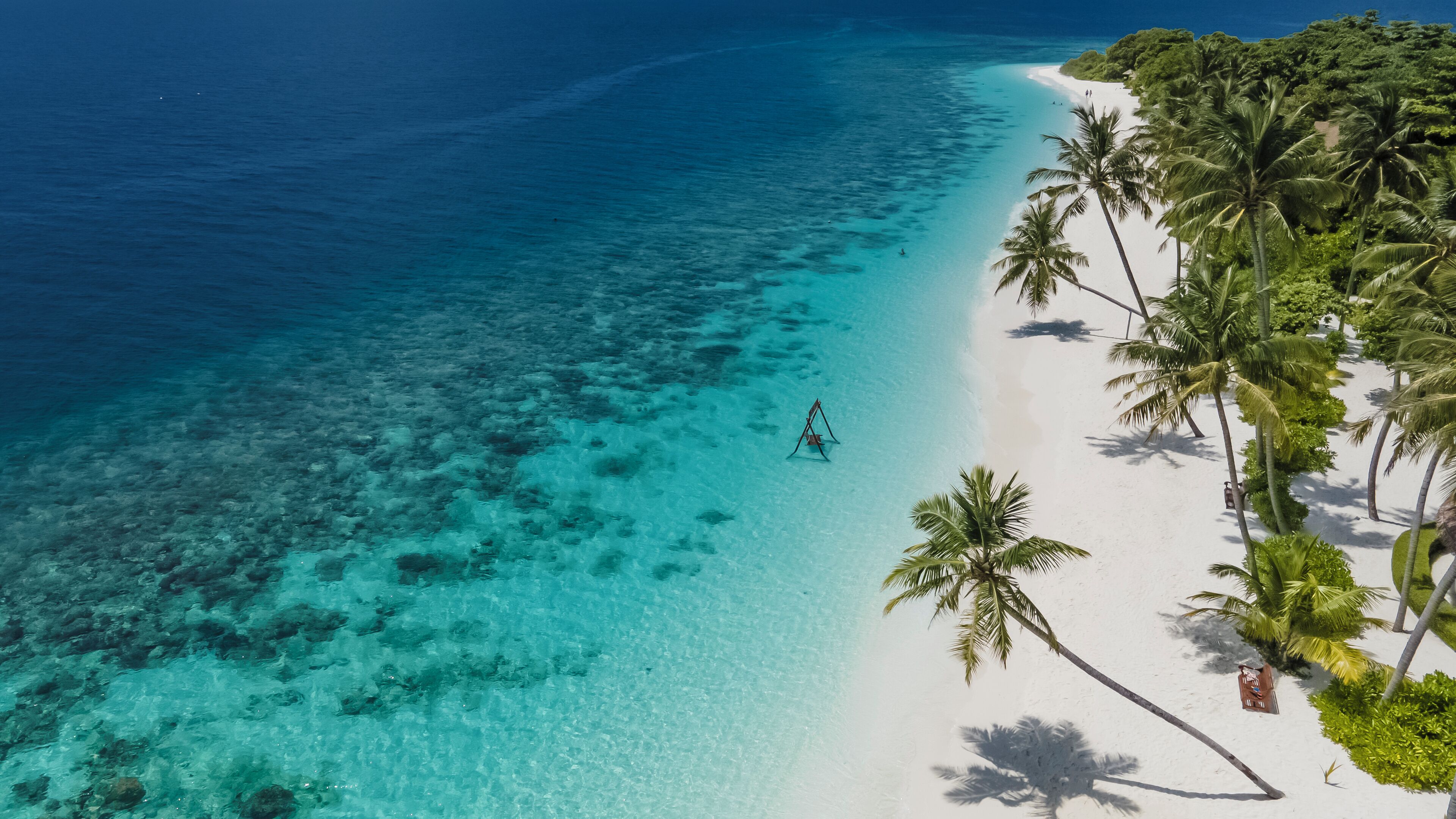 A beach with clear turquoise water, a white sandy shore, and palm trees.