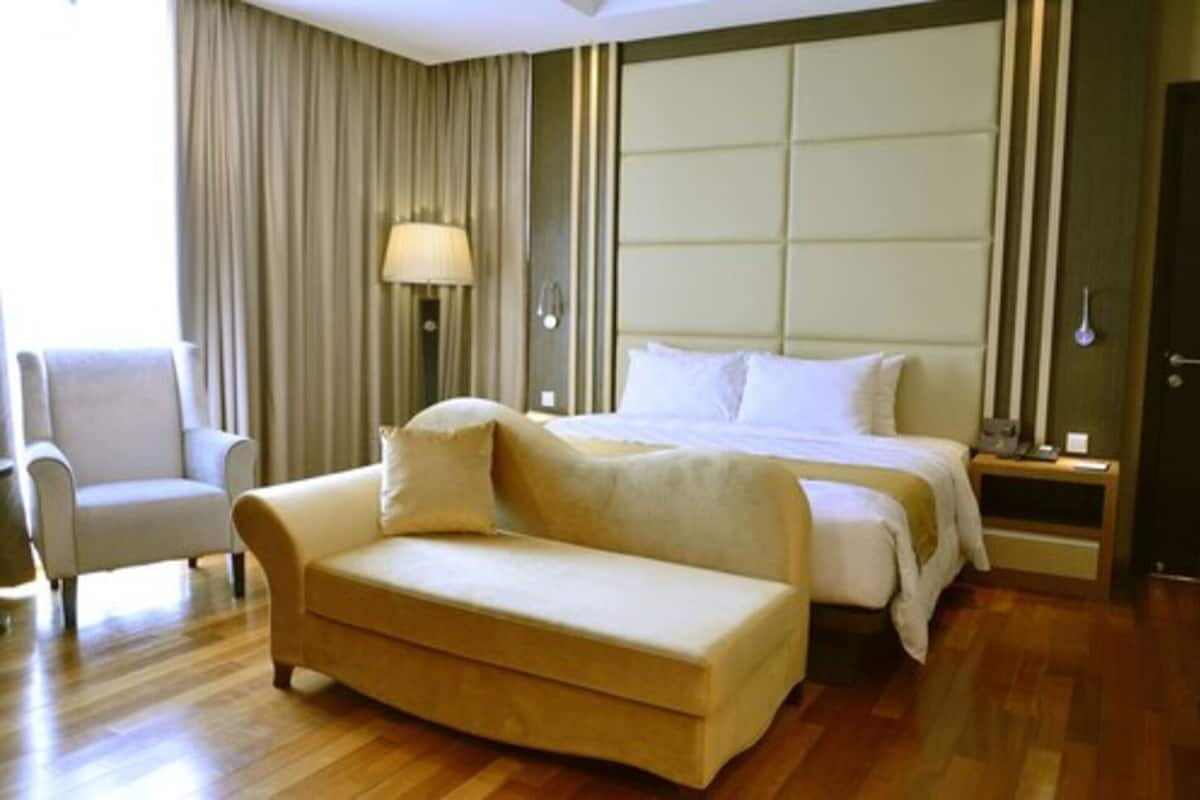 A hotel room with a bed, a sofa, a lamp, and a chair.