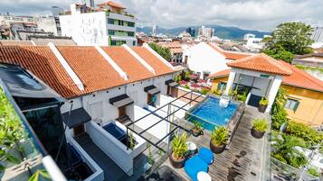 A rooftop pool area with a glass balustrade, potted plants, and outdoor seating.