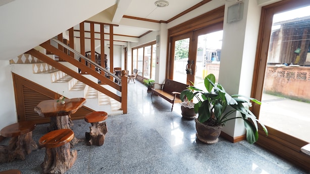 Un espace intérieur spacieux avec un escalier en bois, un banc et plusieurs plantes en pot.