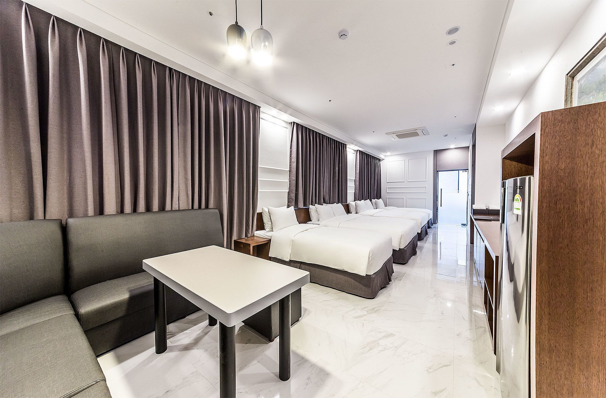 down duvets, desk, laptop workspace, blackout curtains