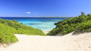 Una platja amb vista clara a l'oceà i un camí de sorra que mena a l'aigua.