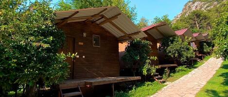 A rustic wooden cabin with a stone pathway leading to it, surrounded by greenery and a clear blue sky.