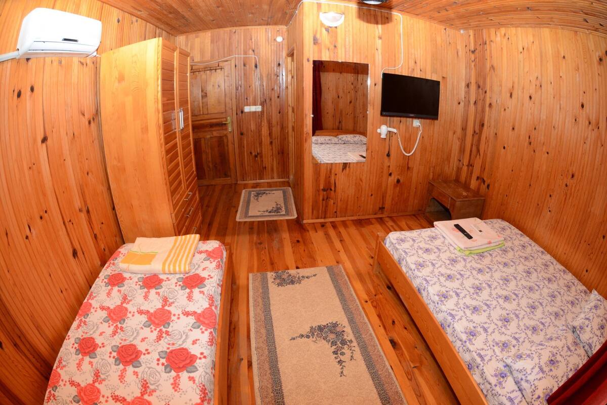Ein Zimmer in einer Holzhütte mit zwei Betten, einem Fernseher und einem Duschbereich.