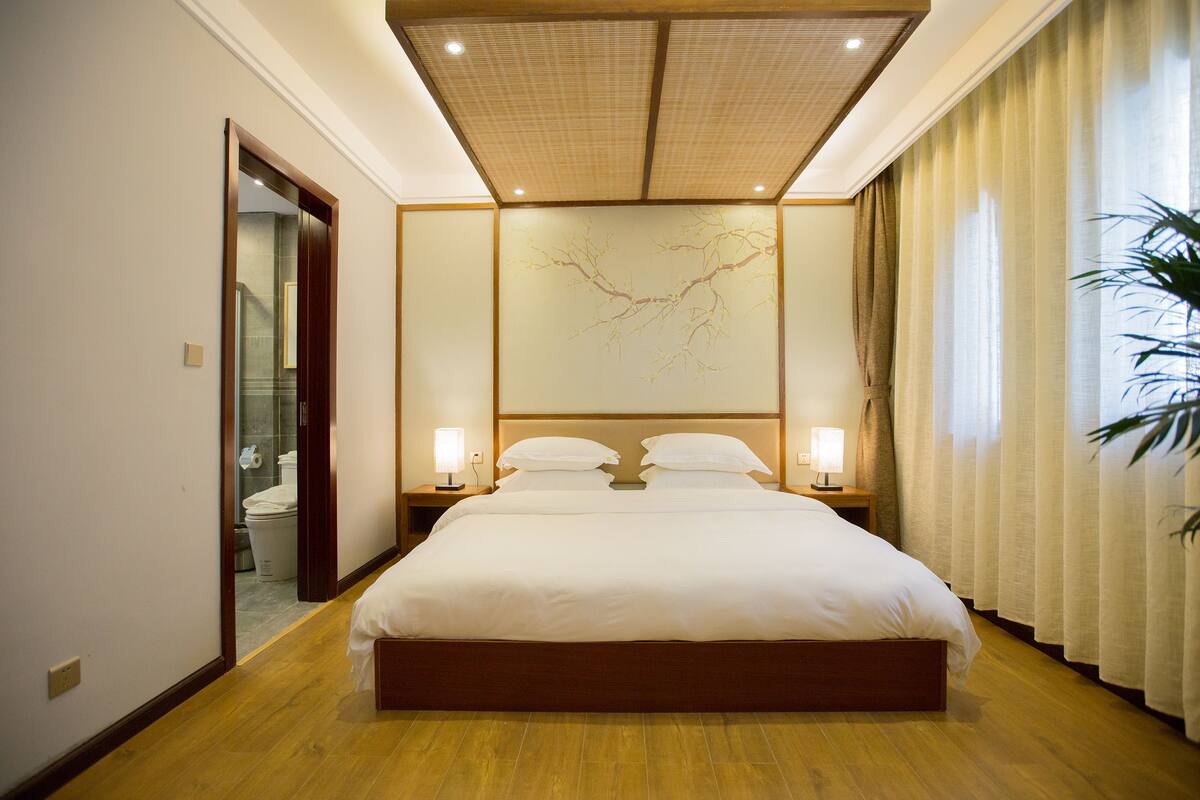 Premium bedding, desk, blackout curtains, iron/ironing board