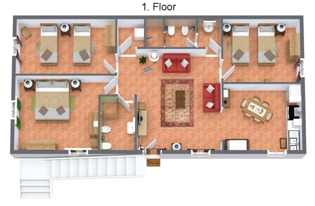 Ein Hotelgrundriss mit vier Schlafzimmern, einem Wohnzimmer, einem Essbereich und einem Badezimmer.
