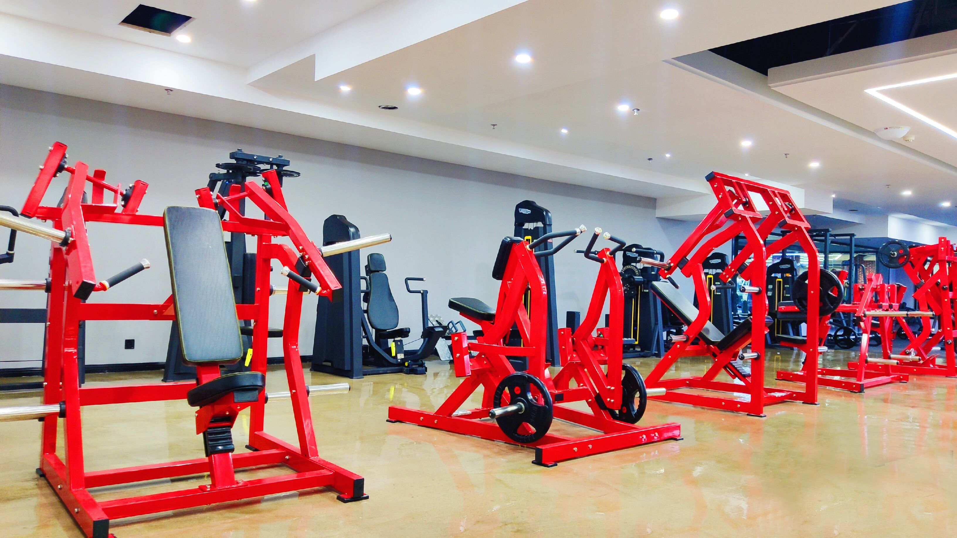 A gym with various exercise machines and equipment.