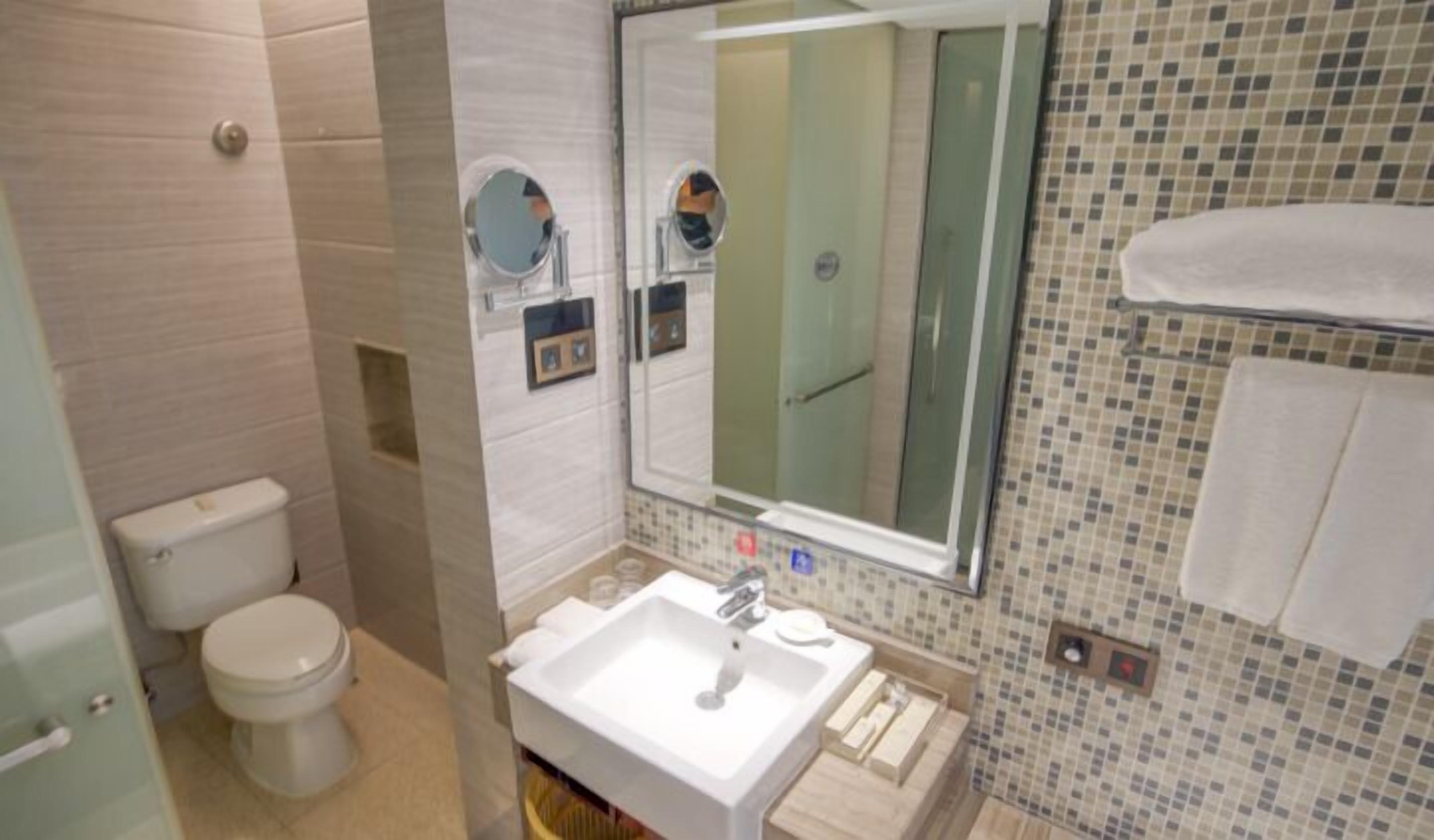 A bathroom with a toilet, sink, mirror, and tiled walls.