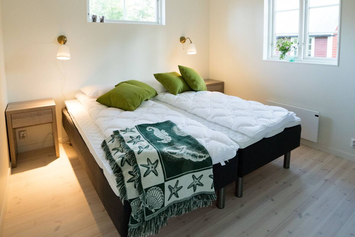 Ein Schlafzimmer mit einem Bett, zwei Nachttischen, zwei Fenstern und einer Deckenleuchte.
