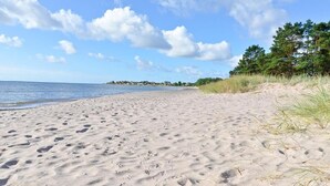 A sandy beach with footprints, a clear sky, and a line of trees in the background. - Ljugarn Semesterby (Ljugarn)