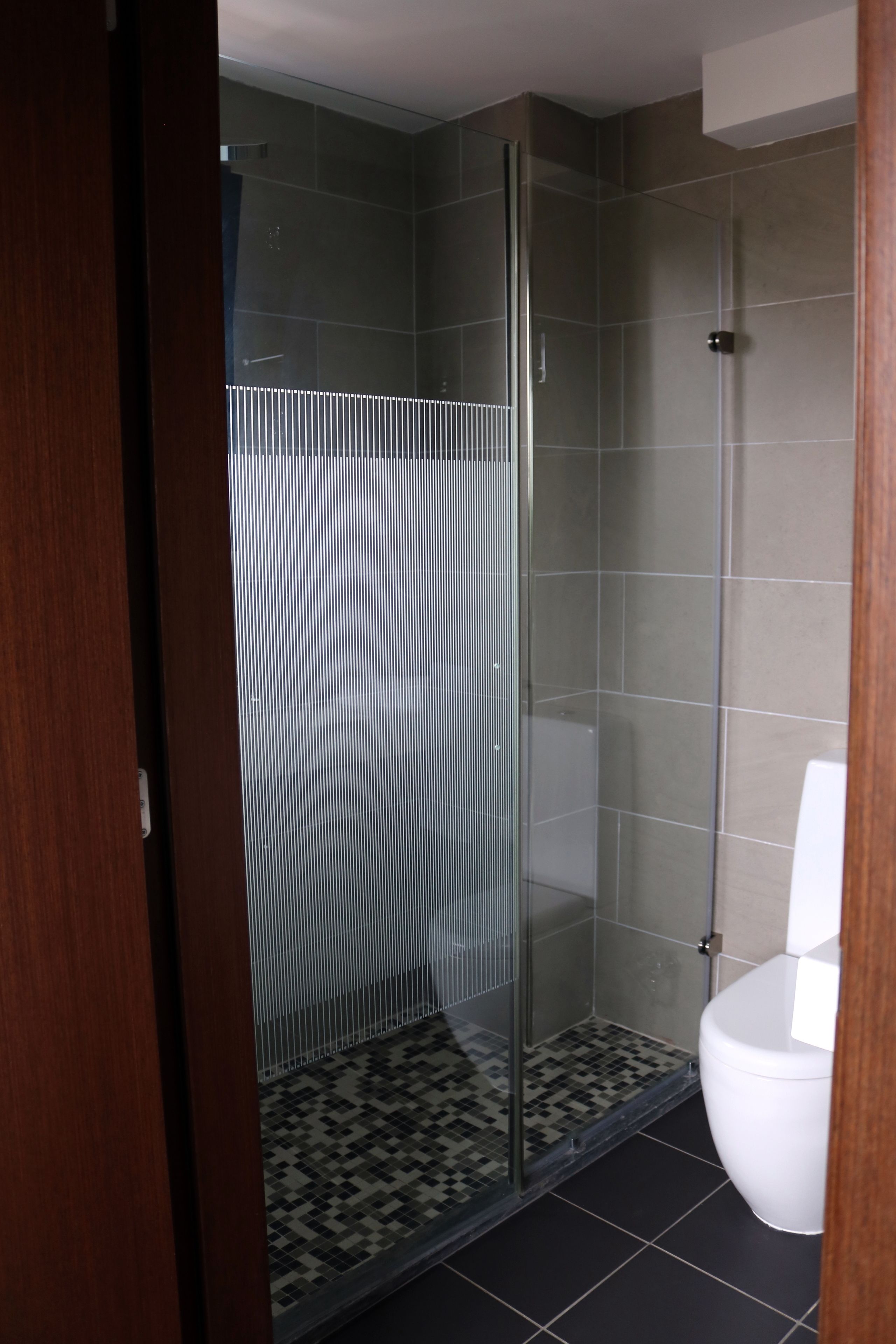 Un baño con ducha vidriada, paredes con azulejos y un inodoro blanco.