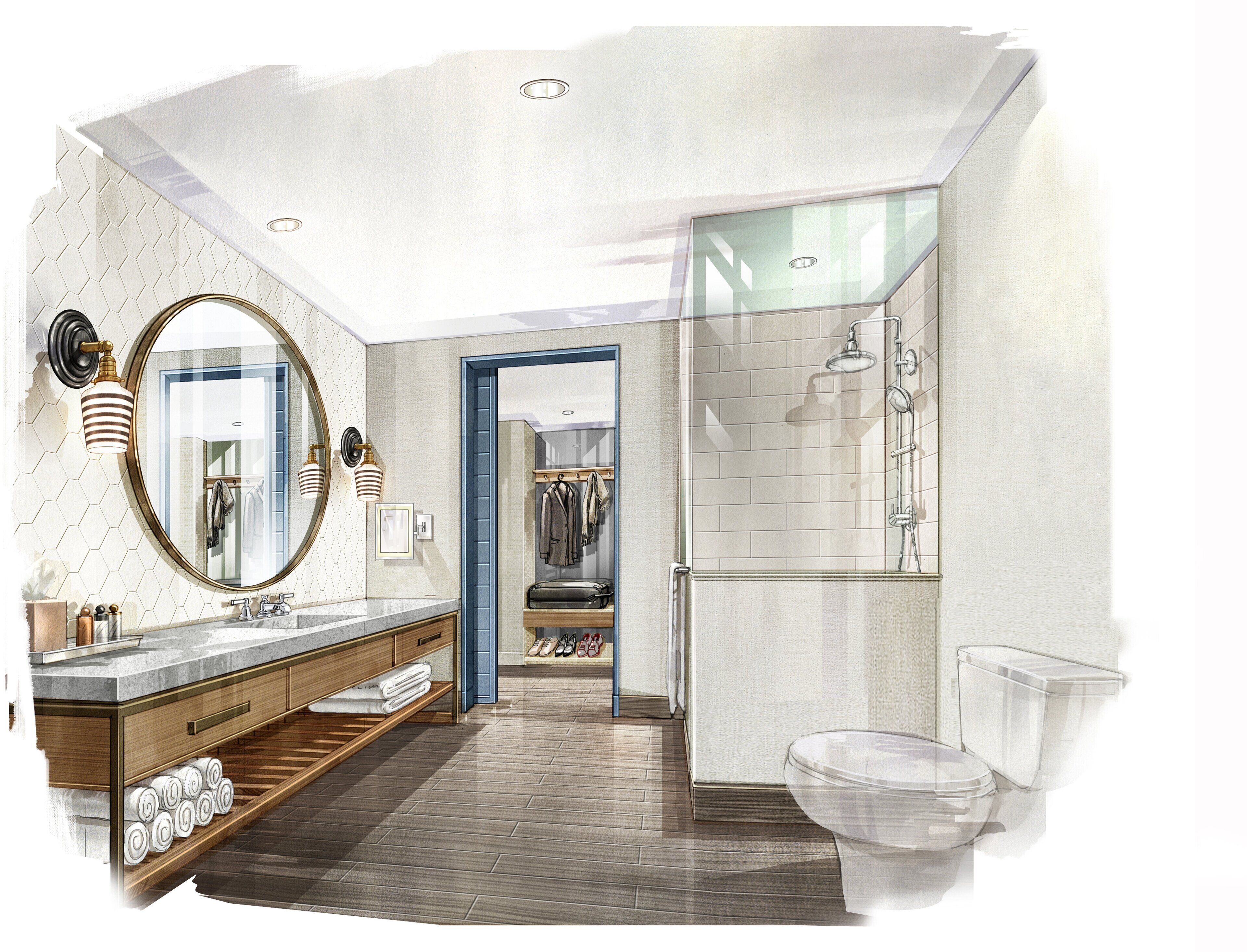 A modern bathroom with a large mirror, a shower, and a toilet. There is a vanity with a sink and a towel rack.