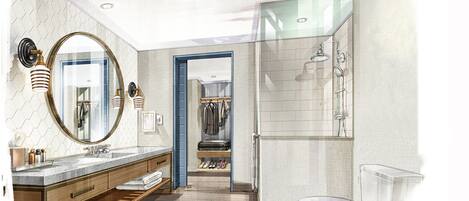A modern bathroom with a large mirror, a shower, and a toilet. There is a vanity with a sink and a towel rack.