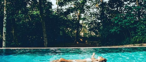 Piscine extérieure, chaises longues