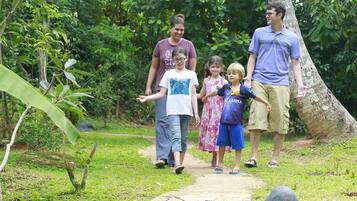 Une famille se promène sur un sentier de pierres dans un espace verdoyant et luxuriant, avec des arbres et un grand tronc d’arbre sur la droite.