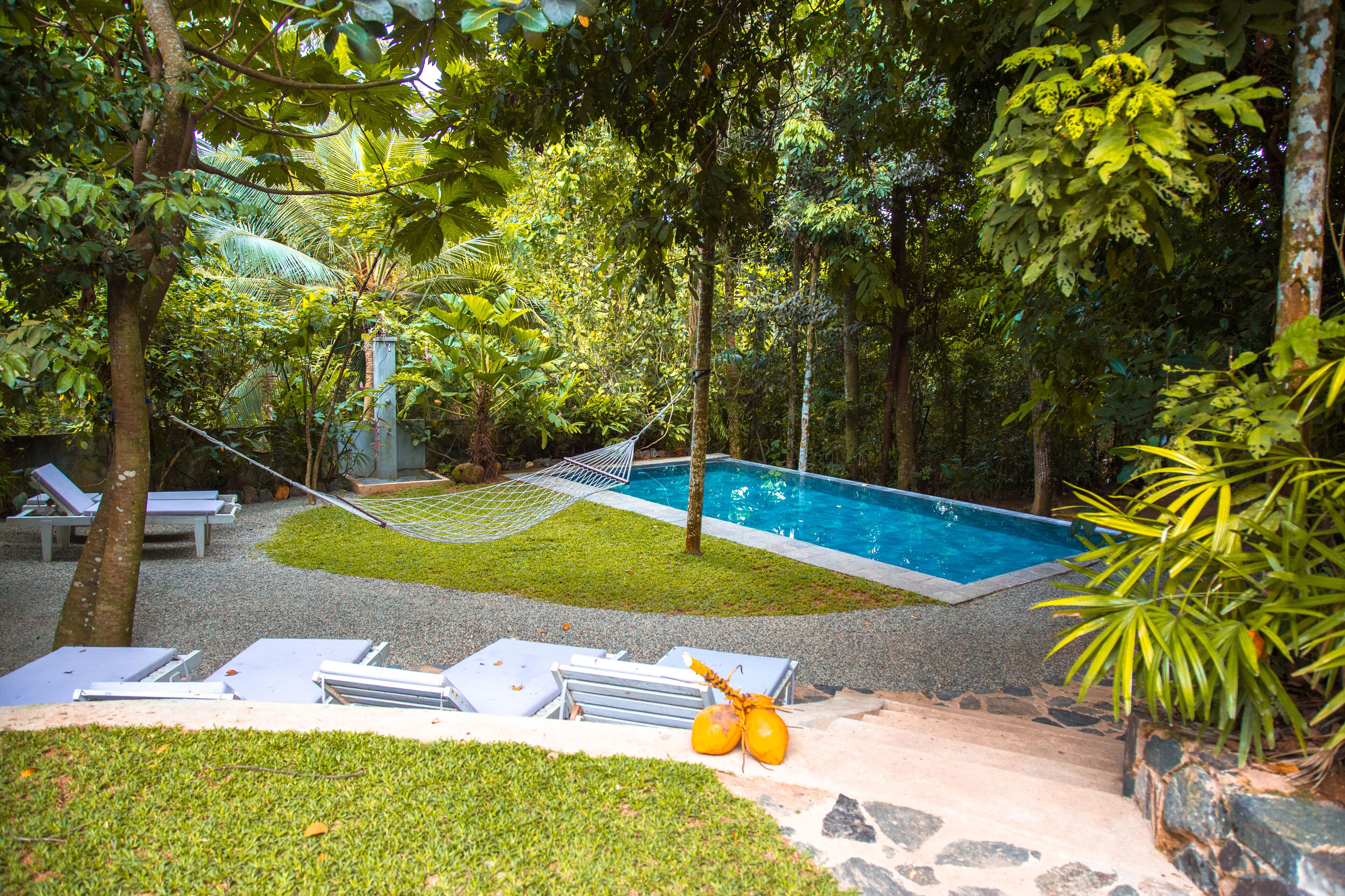 Een buitenzwembad en ligstoelen