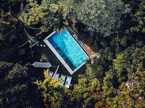 An aerial view of a rectangular pool surrounded by dense foliage, with a clear blue pool and a small deck area.