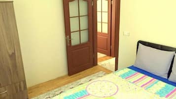 1 bedroom, desk, iron/ironing board, bed sheets