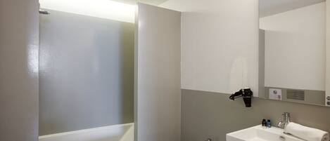 A modern bathroom with a shower, sink, and mirror.