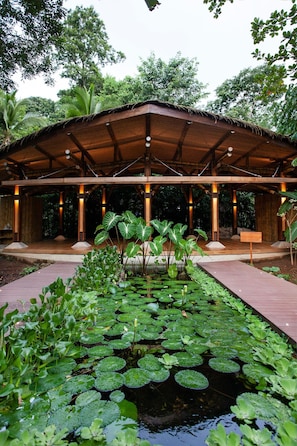 A wooden pavilion with a thatched roof, surrounded by lush greenery and a pond with lily pads. - Hotel Aguas Claras Member of the Cayuga Collection (Cahuita)