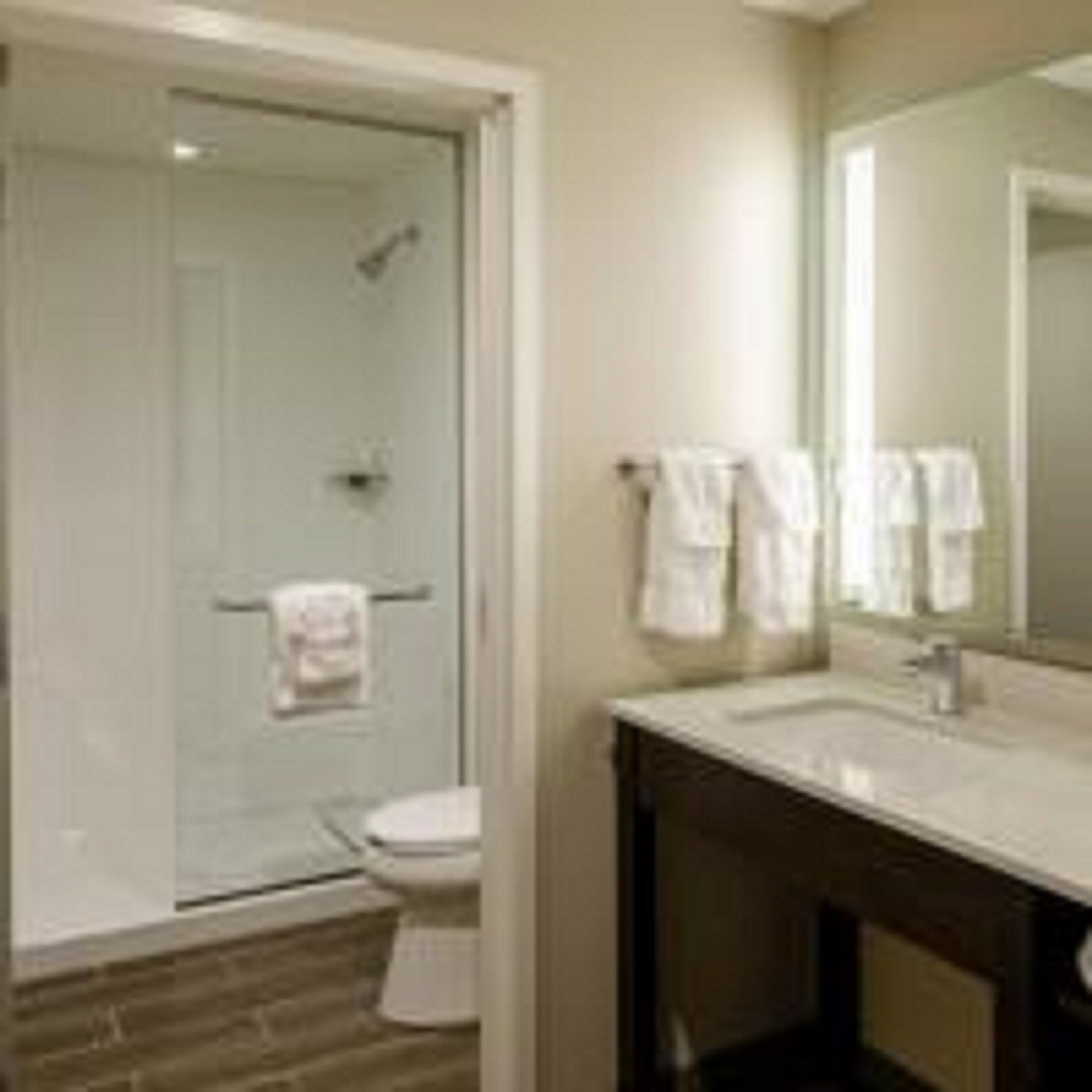 Un baño con ducha compartimentada por vidrio, un inodoro y un lavabo con espejo.