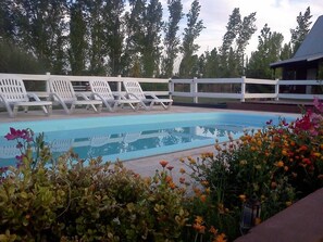 Piscine extérieure en saison, chaises longues