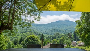 A view from a covered outdoor area with a mountain in the background.