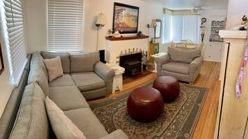 Smart TV, fireplace, DVD player, books