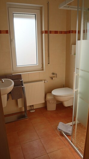 Douche, séchoir à cheveux, serviettes fournies, savon